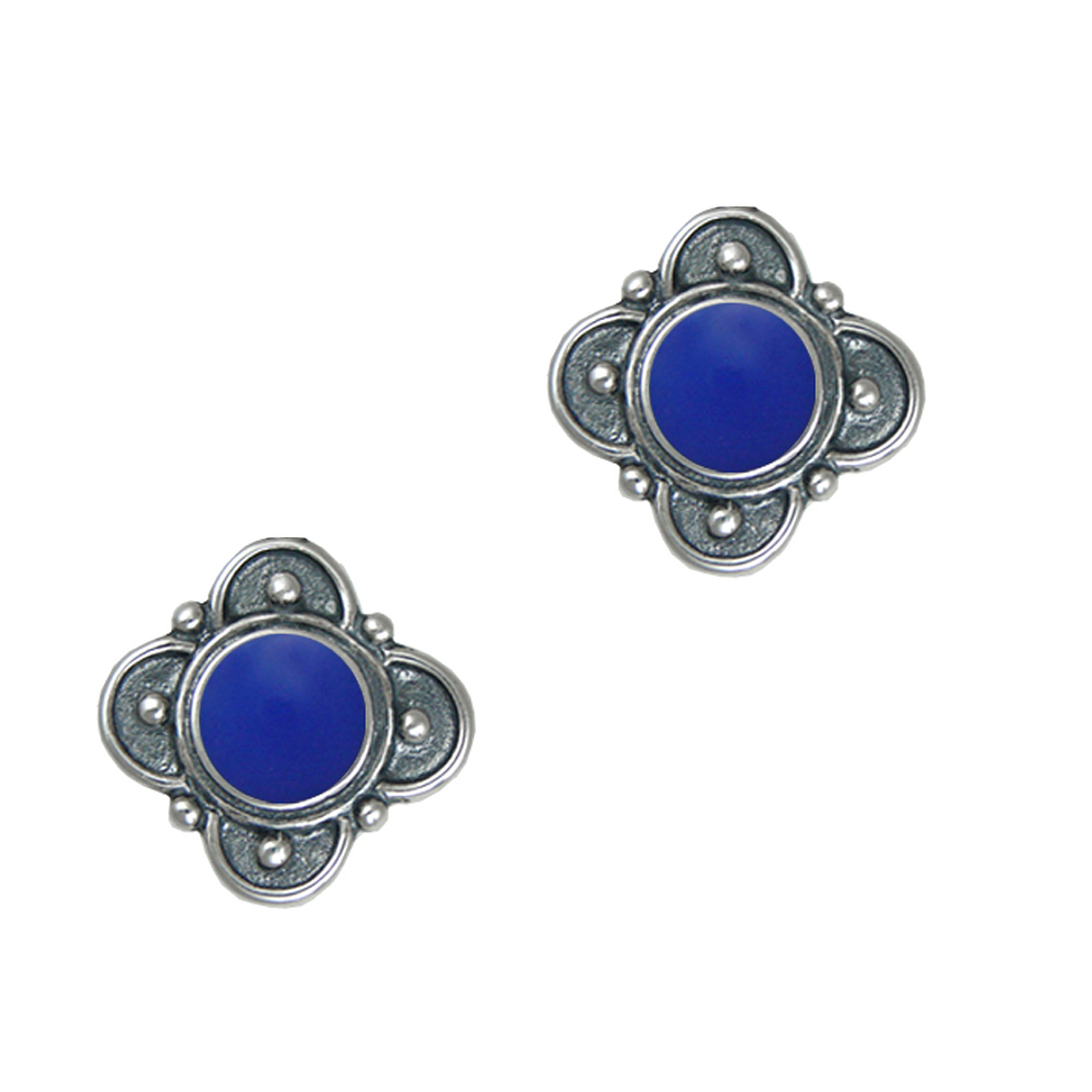 Sterling Silver Designer Post Stud Earrings With Blue Onyx